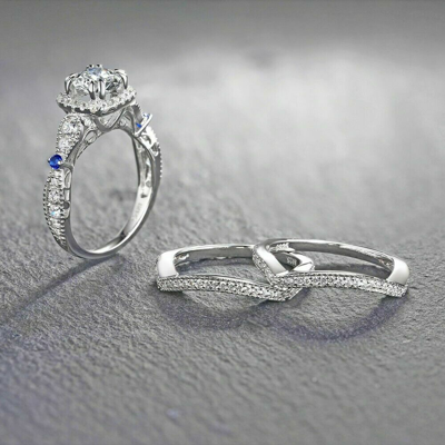 Pre-owned Natsoul 1.5ct Round Cut Wedding Engagement Bridal Ring Set 925 Sterling Silver 3 Pcs In White