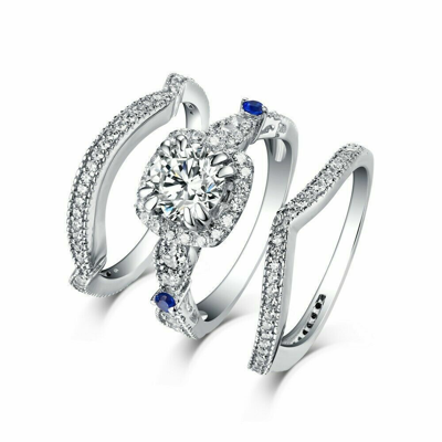 Pre-owned Natsoul 1.5ct Round Cut Wedding Engagement Bridal Ring Set 925 Sterling Silver 3 Pcs In White