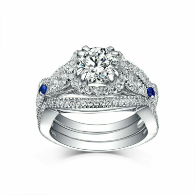 Pre-owned Natsoul 1.5ct Round Cut Wedding Engagement Bridal Ring Set 925 Sterling Silver 3 Pcs In White