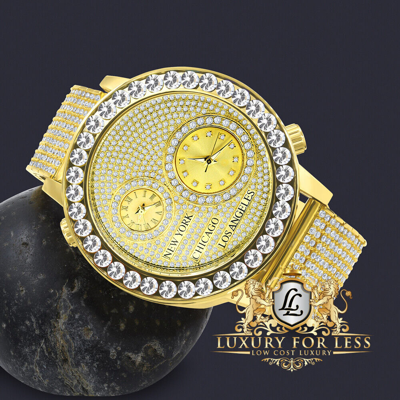 Pre-owned Ice Master Yellow Gold Tone Solitaire Real Diamond Dial 2 Time Zone Chronograph Men's Watch