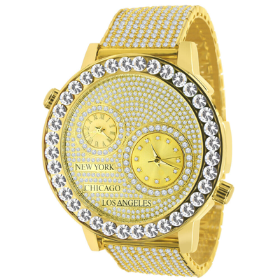 Pre-owned Ice Master Yellow Gold Tone Solitaire Real Diamond Dial 2 Time Zone Chronograph Men's Watch