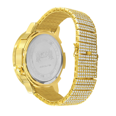 Pre-owned Ice Master Yellow Gold Tone Solitaire Real Diamond Dial 2 Time Zone Chronograph Men's Watch