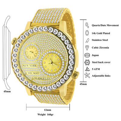 Pre-owned Ice Master Yellow Gold Tone Solitaire Real Diamond Dial 2 Time Zone Chronograph Men's Watch