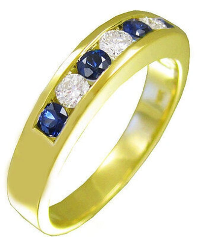 Pre-owned Handmade 14k Yellow Gold Round Cut Diamond And Sapphire Men's Band Channel Set 1.00ctw In White
