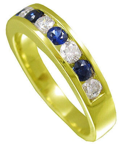 Pre-owned Handmade 14k Yellow Gold Round Cut Diamond And Sapphire Men's Band Channel Set 1.00ctw In White