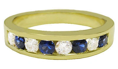 Pre-owned Handmade 14k Yellow Gold Round Cut Diamond And Sapphire Men's Band Channel Set 1.00ctw In White