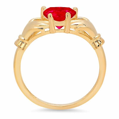Pre-owned Pucci 1.55 Ct Heart Irish Celtic Claddagh Tourmaline Cz Statement Ring 14k Yellow Gold In Red