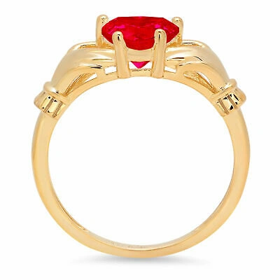 Pre-owned Pucci 1.55 Ct Heart Irish Celtic Claddagh Tourmaline Cz Statement Ring 14k Yellow Gold In Red