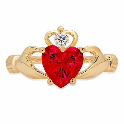 Pre-owned Pucci 1.55 Ct Heart Irish Celtic Claddagh Tourmaline Cz Statement Ring 14k Yellow Gold In Red