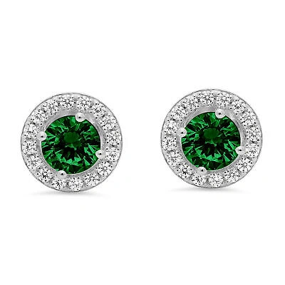 Pre-owned Pucci 1.6 Ct Round Cut Halo Simulated Emerald Designer Stud Earrings 14k White Gold In Green