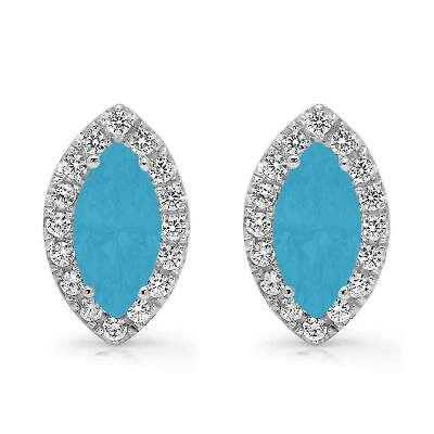 Pre-owned Pucci 3.64 Marquise Round Halo Blue Simulated Turquoise Stud Earrings 14k White Gold In D