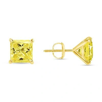 Pre-owned Shine Brite With A Diamond 4 Ct Princess Cut Canary Earrings Studs Solid 14k Yellow Gold Screw Back Martini