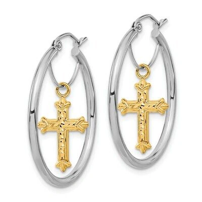 Pre-owned Skyjewelers Real 14kt Two-tone Diamond Cut Cross Dangle Hoop Earrings