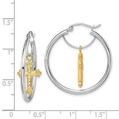 Pre-owned Skyjewelers Real 14kt Two-tone Diamond Cut Cross Dangle Hoop Earrings