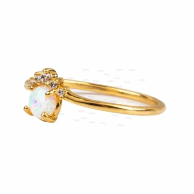 Pre-owned Irisha Designs Real Diamond And Opal Gemstone Dainty Stacking Ring In 14k Gold Fine Jewelry In White