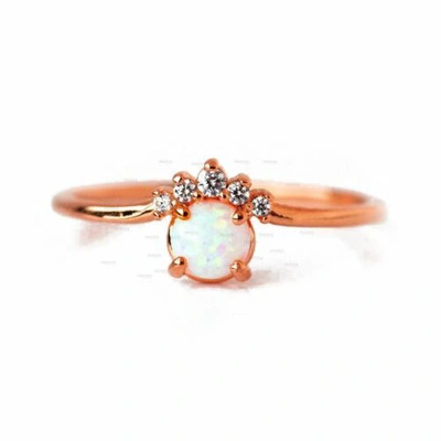 Pre-owned Irisha Designs Real Diamond And Opal Gemstone Dainty Stacking Ring In 14k Gold Fine Jewelry In White