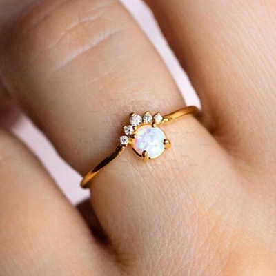 Pre-owned Irisha Designs Real Diamond And Opal Gemstone Dainty Stacking Ring In 14k Gold Fine Jewelry In White