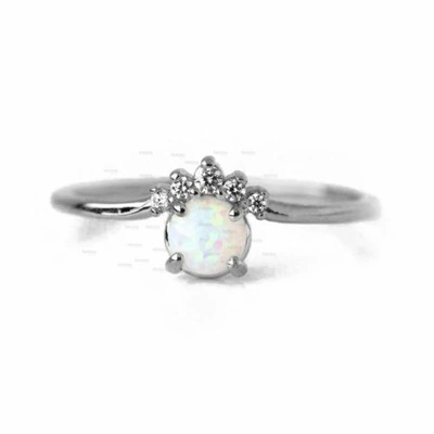 Pre-owned Irisha Designs Real Diamond And Opal Gemstone Dainty Stacking Ring In 14k Gold Fine Jewelry In White