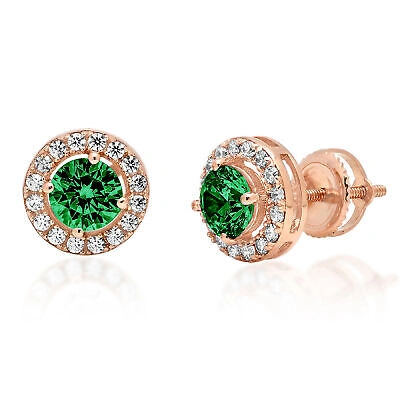 PUCCI Pre-owned 1.6 Round Cut Halo Green Simulated Emerald Designer Stud Earrings 14k Rose Gold In Pink