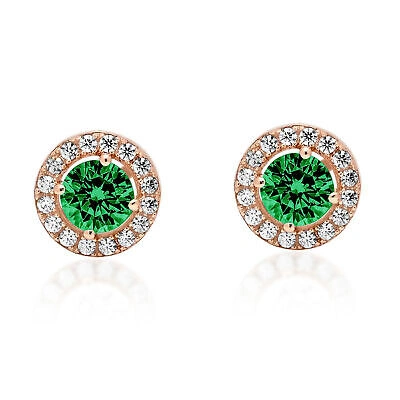 Pre-owned Pucci 1.6 Round Cut Halo Green Simulated Emerald Designer Stud Earrings 14k Rose Gold In Pink