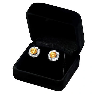 Pre-owned Pucci 3.45 Round Cut Halo Natural Citrine Designer Stud Earrings Real 14k White Gold In Yellow