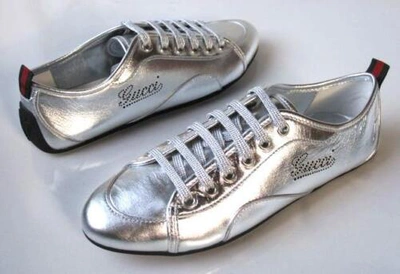 Pre-owned Gucci Sneakers Silver Leather Large Logo Athletic Shoes Very Comfortable