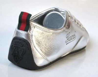 Pre-owned Gucci Sneakers Silver Leather Large Logo Athletic Shoes Very Comfortable