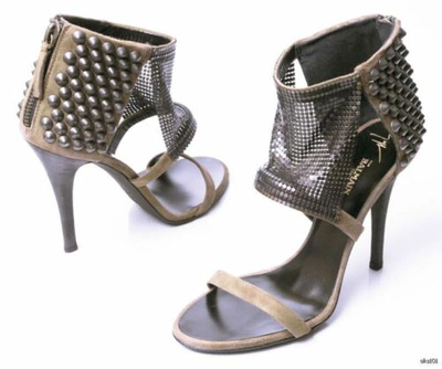 Pre-owned Balmain Giuseppe Zanotti For  Taupe Suede Studded Chain Mesh Shoes Hot $1195 In Brown