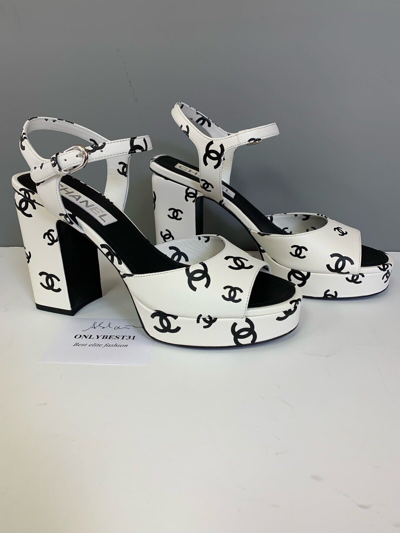 Pre-owned 2022 White Lambskin Cc Logo Platform Block Heel Sandals 38,39  Sizes
