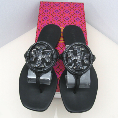 Pre-owned Tory Burch Metal Jeweled Miller Crystal Embellished Sandals Black Many Sizes