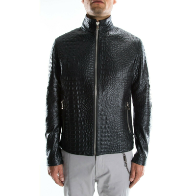 Italian handmade Men black Crocodile textured leather biker jacket