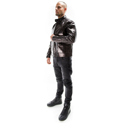 Pre-owned Handmade Crocodile Black Distressed Italian  Men Leather Slim Fit Jacket Xs / 2xl