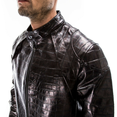 Pre-owned Handmade Crocodile Black Distressed Italian  Men Leather Slim Fit Jacket Xs / 2xl