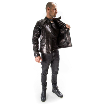 Pre-owned Handmade Crocodile Black Distressed Italian  Men Leather Slim Fit Jacket Xs / 2xl