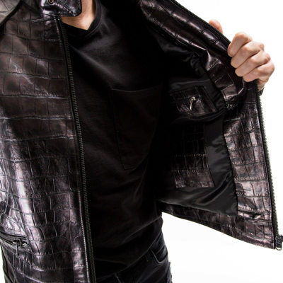 Pre-owned Handmade Crocodile Black Distressed Italian  Men Leather Slim Fit Jacket Xs / 2xl