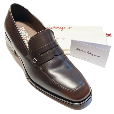 Pre-owned Ferragamo Gancini Brown 7.5 Ee Leather Penny Dress Loafers Men's Moccasin Shoes