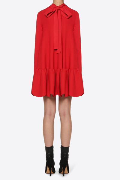 Pre-owned Valentino Scalloped Hem Stretch Jersey Mock Neck Long Sleeve Mini Dress $2980 In Red