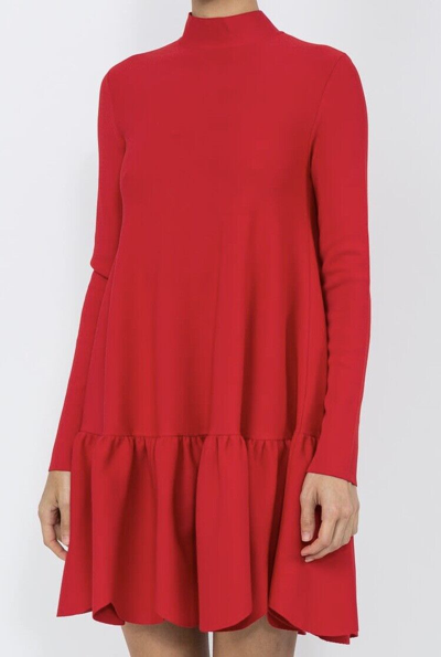 Pre-owned Valentino Scalloped Hem Stretch Jersey Mock Neck Long Sleeve Mini Dress $2980 In Red