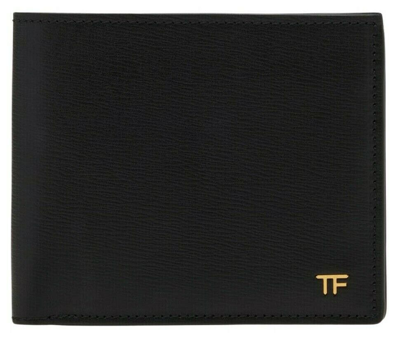 Pre-owned Tom Ford Metal Tf Black Grain Leather T Line Billfold Card Wallet Holder Y0228t