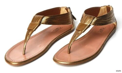 Pre-owned Alaïa Alaia Bronze Bronze Leather T-strap Thong Sandals Zipper Flats Shoes $895