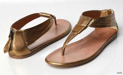 Pre-owned Alaïa Alaia Bronze Bronze Leather T-strap Thong Sandals Zipper Flats Shoes $895