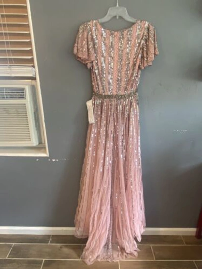 Pre-owned Mac Duggal Stripe Sequined V-neck Gown Formal Dress Size 4 Rose Pink.