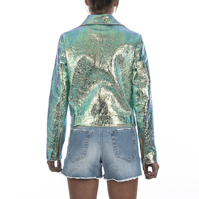 Pre-owned Handmade Italian  Women Genuine Lamb Leather Biker Jacket Holographic Green In Multicolor
