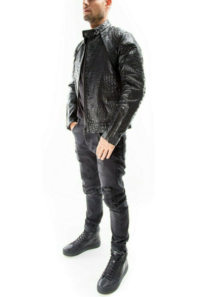 Pre-owned Handmade Black Crocodile Italian  Men Genuine Leather Slim Fit Jacket Xs To 2xl