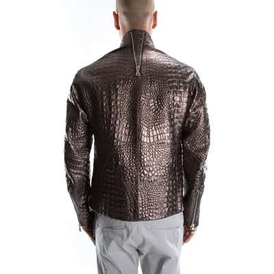 Pre-owned Handmade Bronze Crocodile Italian  Men Genuine Leather Slim Fit Jacket Xs To 2xl In Gold