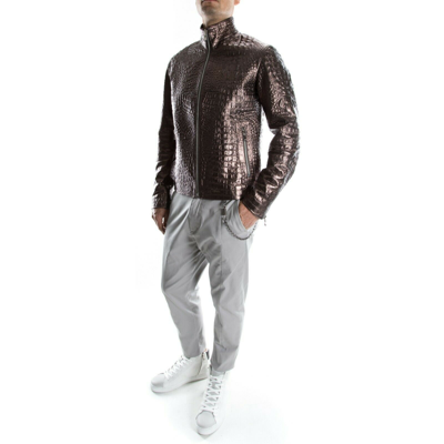 Pre-owned Handmade Bronze Crocodile Italian  Men Genuine Leather Slim Fit Jacket Xs To 2xl In Gold