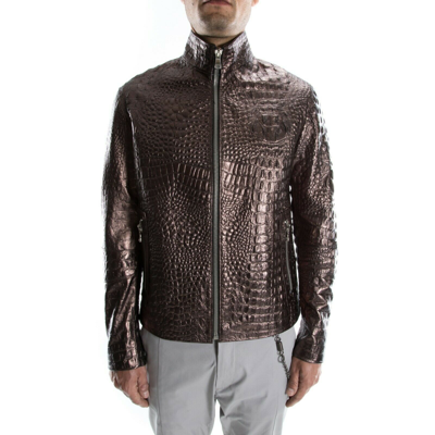 Pre-owned Handmade Bronze Crocodile Italian  Men Genuine Leather Slim Fit Jacket Xs To 2xl In Gold