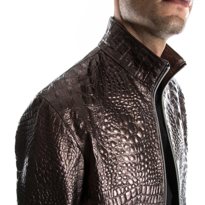 Pre-owned Handmade Bronze Crocodile Italian  Men Genuine Leather Slim Fit Jacket Xs To 2xl In Gold