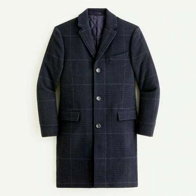 Pre-owned Jcrew Men's 40r J Crew Ludlow Topcoat In Wool Blend With Eco-friendly Primaloft In Black Navy Grey Glen