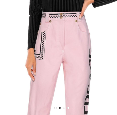 Pre-owned Versace Women's Pink High-rise Logo Graphic Denim Pants Sz 26